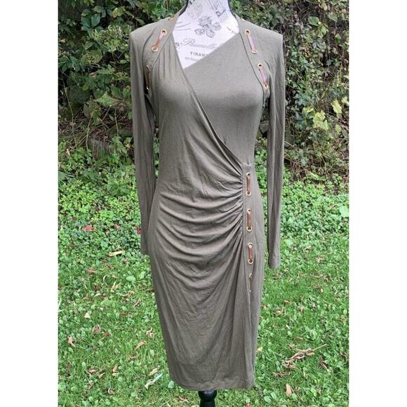 Carmen marc Valvo dark green bodycon wrap dress with faux leather stitching - Picture 1 of 11